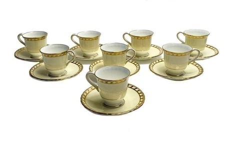 8 Minton England Porcelain Demitasse Cup and Saucers. Pale Yellow & Gilt