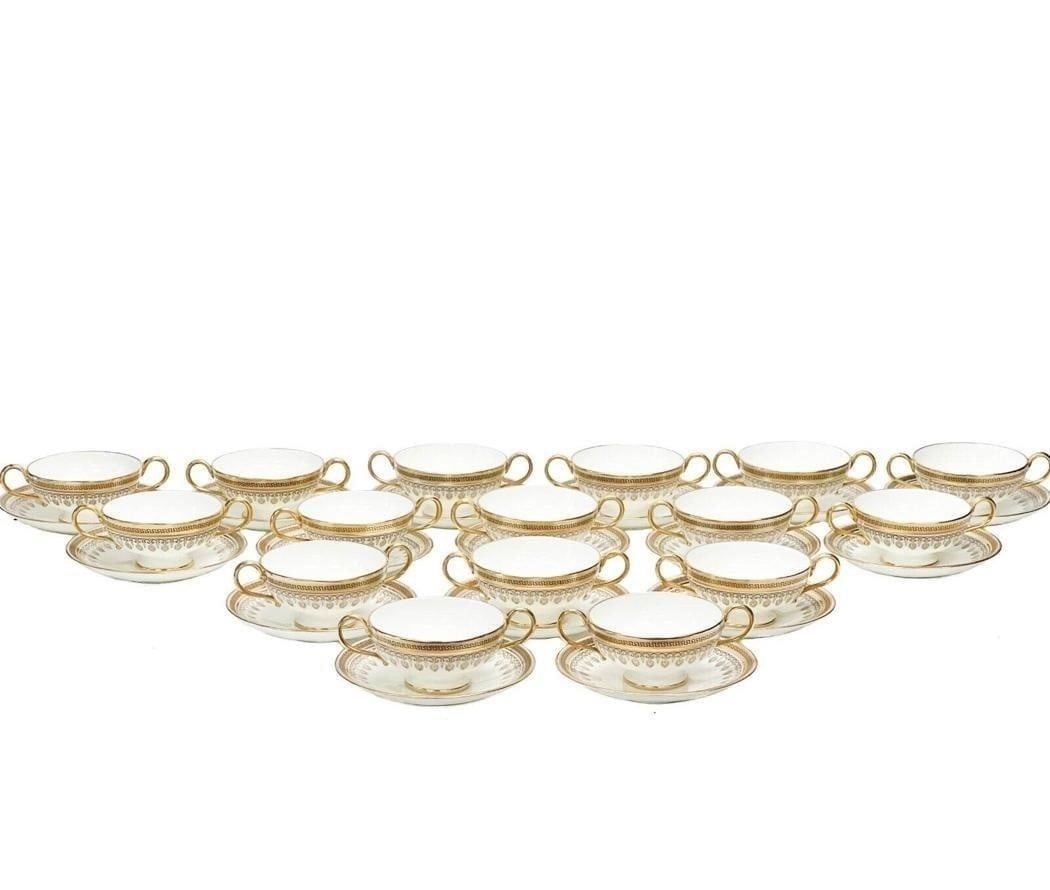 16 Cauldon England Gilt Porcelain Bouillon Bowls & Underplates Florals Greek Key (1 of 7)