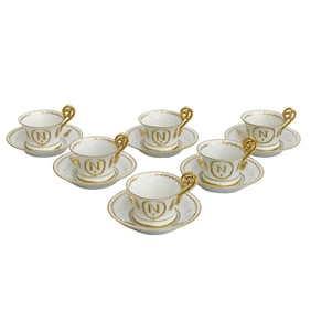 6 Limoges France Gilt Porcelain Cup & Saucers Napoleonic with Bees circa 1920