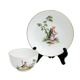 Meissen Germany Hand Painted Watteaumalerie Porcelain Cup and Saucer c 1770