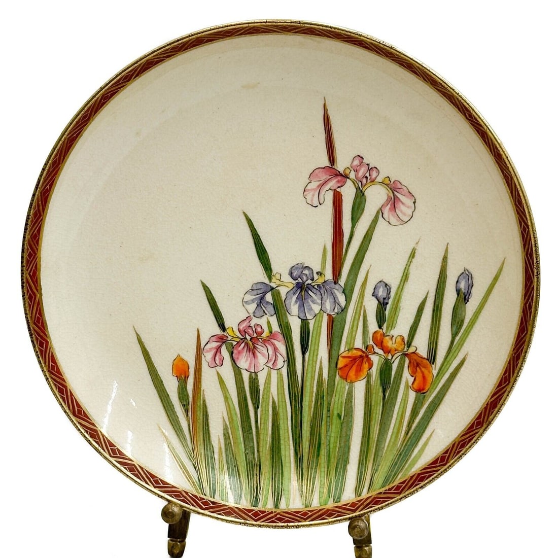 Japanese Satsuma Hand Painted Porcelain Plate Irises Flowers Meiji period (1 of 3)