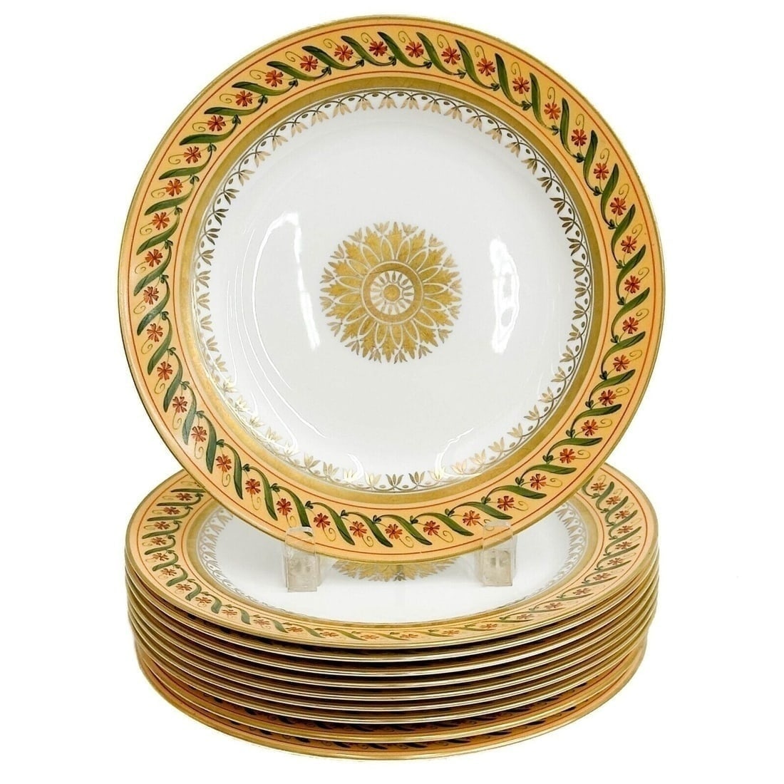 10 Tiffany Le Tallec Private Stock Porcelain 9.1 inch Salad Plates in Directoir: 10 Tiffany Le Tallec Private Stock Porcelain Salad Plates in Directoir. A yellow ground with hand painted flowers and leaves throughout. Gilt florals to the center. Tiffany & Co. Private stock marks t