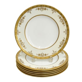 6 Minton England for Tiffany & Co Gilt Porcelain Dinner Plates c1920