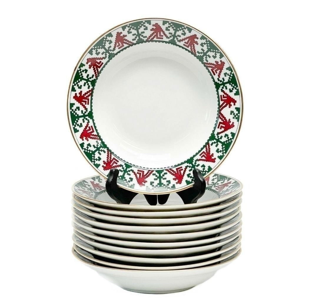 11 Kornilov Bros Imperial Russian Porcelain Rimmed Soup Bowls c. 1915: 11 Kornilov Bros Imperial Russian porcelain rimmed soup bowls in pattern N8, circa 1915. A white ground with red and green geometric patterns to the edge. Gilt to the rim. Underside marked JHV Kornilo