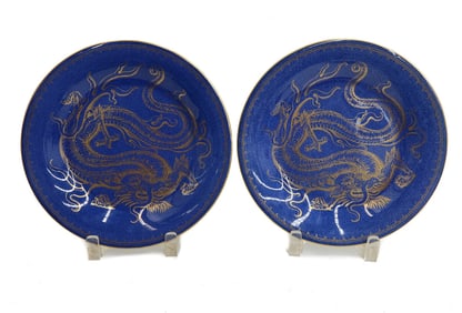 Pair Wedgwood England Porcelain Powdered Blue Gilt Dragon Plates circa 1900