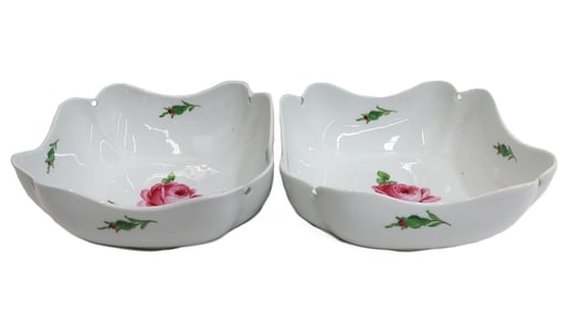 Pair Meissen Germany Hand Painted Porcelain Rose Square Bowls