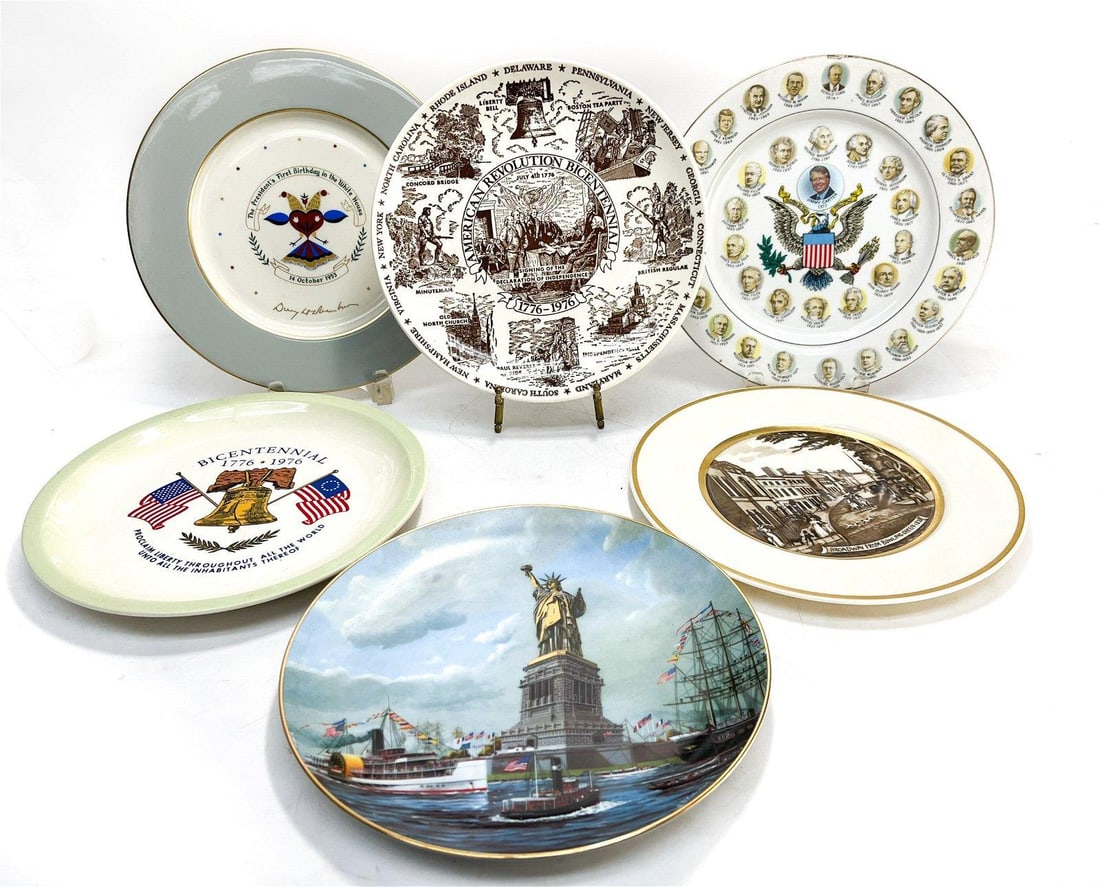 6 Various Presidential Porcelain Plates: 6 Various Presidential Porcelain Plates. Various presidental plates and marked to the underside. Weight Approx., 3 lbs Measures Approx., 10.5 inches diameter Domestic Shipping: $60