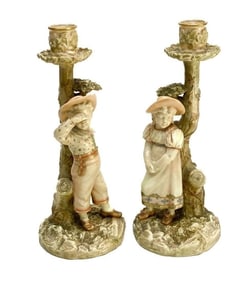Pair Royal Worcester England Porcelain Candlesticks by Hadley, #1141, 1887