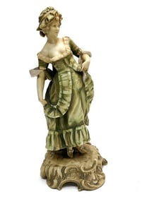 Austrian Porcelain Sculpture of a Maiden in Green Dress, circa 1900. Signed