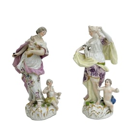 Pair Meissen Germany Painted Porcelain Figurines Allegory Women & Putti 18th cen