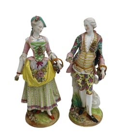Pair Meissen Germany 16 inch Hand Painted Porcelain Figures Man Woman c1900