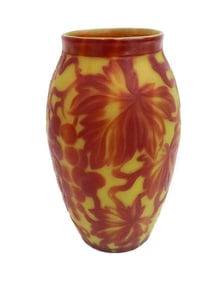 LCT Tiffany Favrile Wheel Carved & Acid Etched Grapevine Art Glass Vase 1905