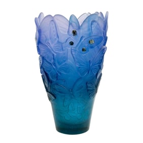 Daum France Pate de Verre Art Glass Abalone Bijoux Papillon Butterfly Vase Blue