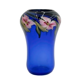 Charles Lotton Multi Flora Art Glass Vase Cobalt Blue Pink Flowers Signed