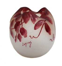 Legras France Acid Etched Cameo Art Glass Ruffled Vase Purple Leaves