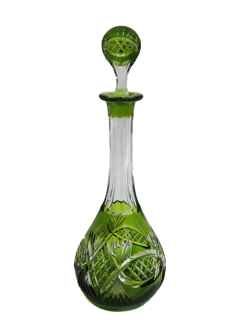 Val Saint Lambert Green Cut to Clear Glass Decanter Early 20th Century (1 of 8)