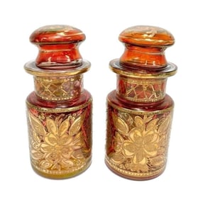 Pair Bohemian Cranberry Red Gold Encrusted Lidded Jars, 3rd Quarter 20th Century