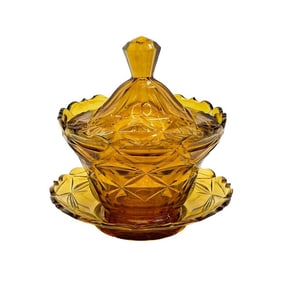 English Amber Cut Glass Lidded Sweet Meat or Candy Bowl w/ Underplate 19th cen