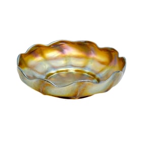 LCT Tiffany Favrile Iridescent Gold Art Glass 9 inch Bowl Ruffled Signed