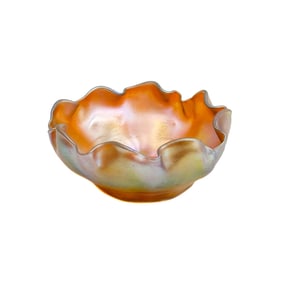 LCT Tiffany Favrile Gold Peach Art Glass Bowl Ruffled Signed