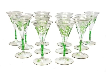 14 Bohemian 4.5 in / 4 fl oz wine goblets by Bimini, circa 1940.