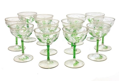 13 Bohemian 4.25 in / 3 fl oz wine goblets by Bimini, circa 1940.