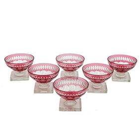 6 Cranberry Cut to Clear Glass Champagne Coupes circa 1900