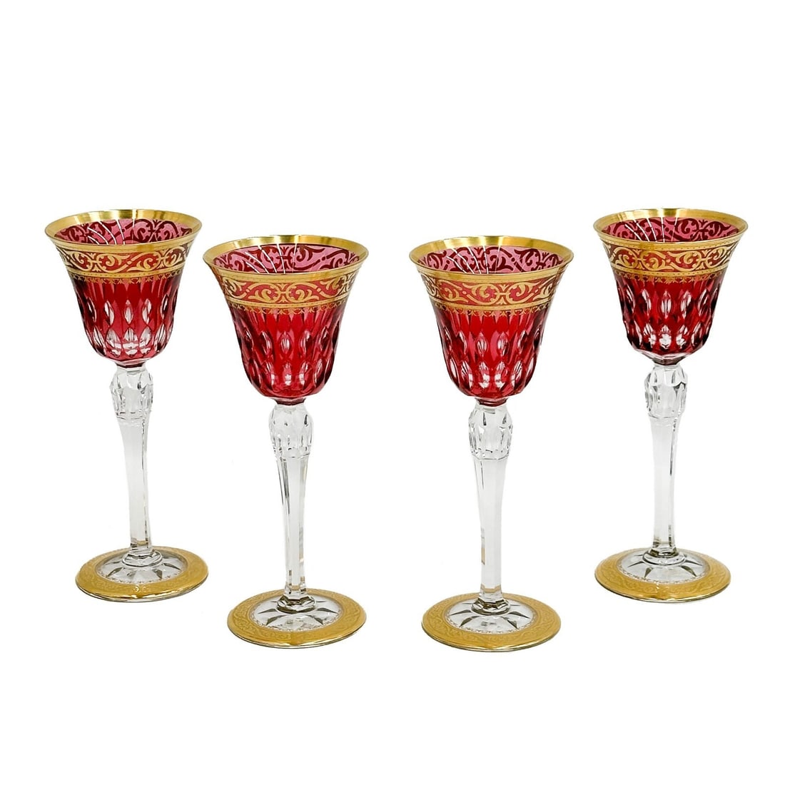 4 Saint (St.) Louis France Red Cut to Clear Glass Hock Wine Glasses Stella Gold (1 of 7)