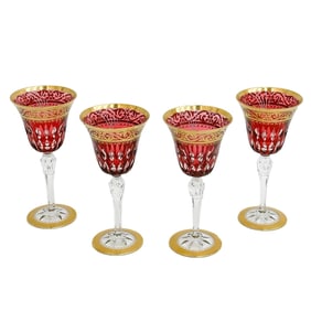 4 Saint (St.) Louis France Red Cut to Clear Glass Wine Glasses Stella Gold