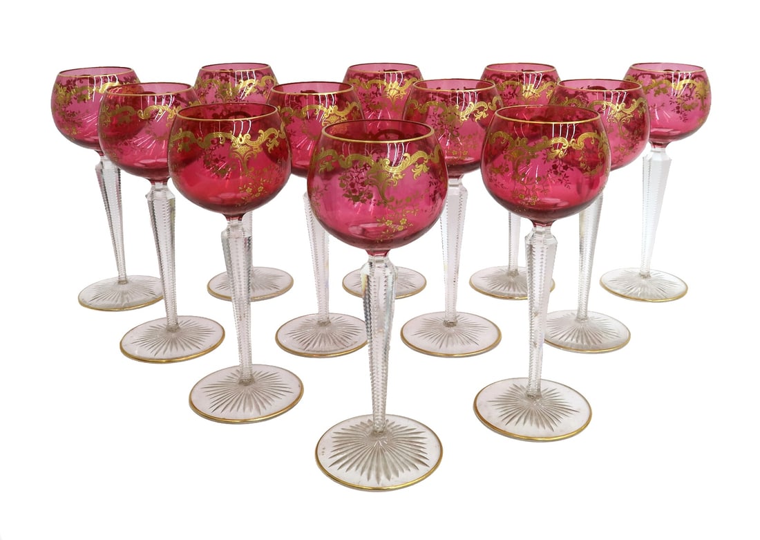 12 Saint (St.) Louis Cranberry Art Glass and Gilt Wine Hock Goblets circa 1900 (1 of 5)