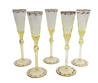 5 Moser Czech Cut Crystal Glass Champagne Flutes in Paula Citron Yellow and Gilt