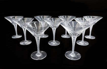9 Lalique France Cut Glass Champagne  Tall Sherbet Goblets in Treves Signed Box