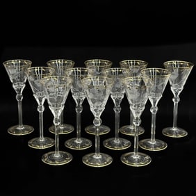 12 Moser Czech Cut Crystal Gilt Glass Water Goblets in Paula