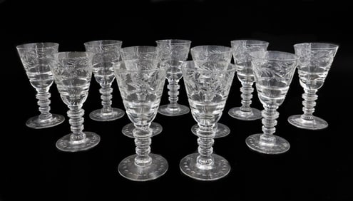 11 Hawkes Cut Glass Small Wine or Sherry Goblets in Le Moderne Scalloped Bowl