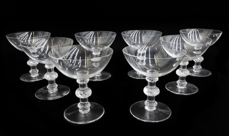 8  Lalique France Glass Champagne Saucers Tall Sherbets in Saint Hubert Signed