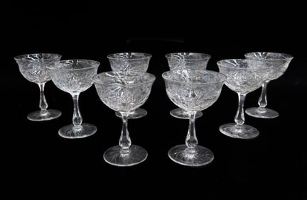 8 American Cut Glass Emulating Rock Crystal Sherbet Champagne Wine Goblets c1940