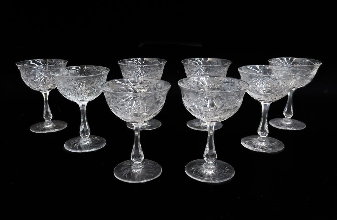 8 American Cut Glass Emulating Rock Crystal Sherbet Champagne Wine Goblets c1940 (1 of 6)