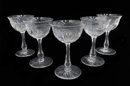 5 American Cut Glass Emulating Rock Crystal Liquor Wine Goblets c1940