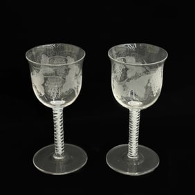 Pair English Air Twist Engraved Grapevine 6 in Wine Glasses 19th century