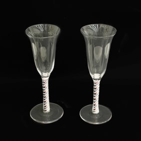 Pair English Glass Red White Blue Air Twist Champagne Flutes 19th cen
