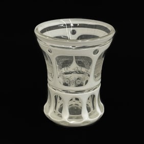 Bohemian White Cut to Clear Glass Beaker Engraved German Buildings early 20th c