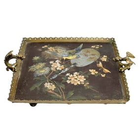 French Japanese Aesthetic Bronze Footed Tray Tote Painted Bird c1910