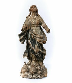 16th -17th Century Hand Carved Painted Saint or Madonna Figure With Angels