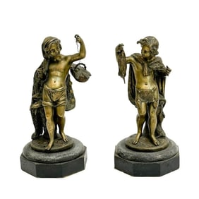 Pair French Bronze Figurines Sculptures Boys with Fish early 20th century