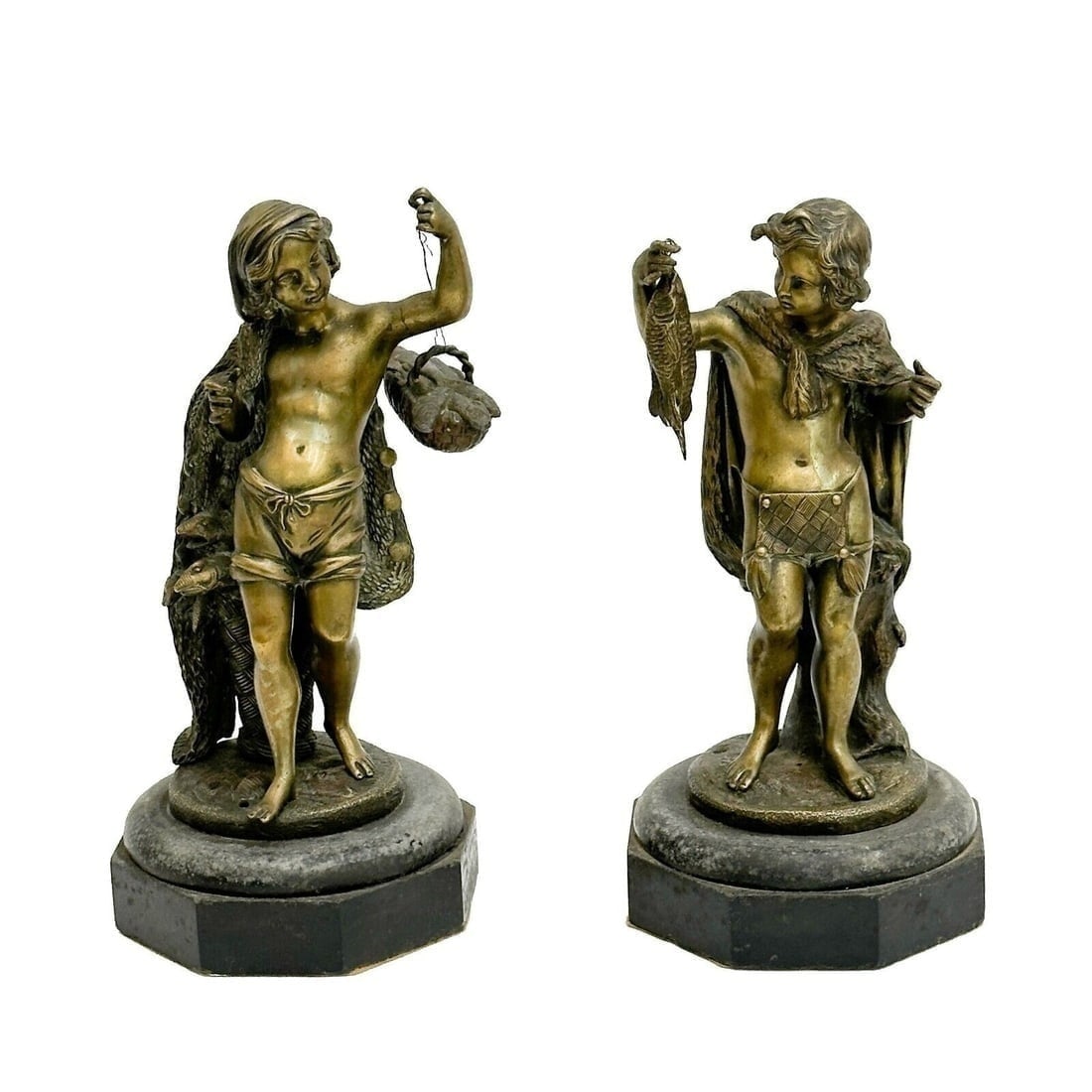 Pair French Bronze Figurines Sculptures Boys with Fish early 20th century (1 of 5)
