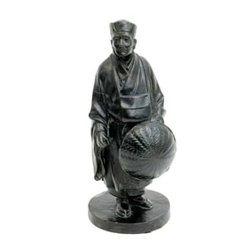 Shinzan Japanese Bronze Sculpture Okimono man with Straw Hat poet Matsuo Basho