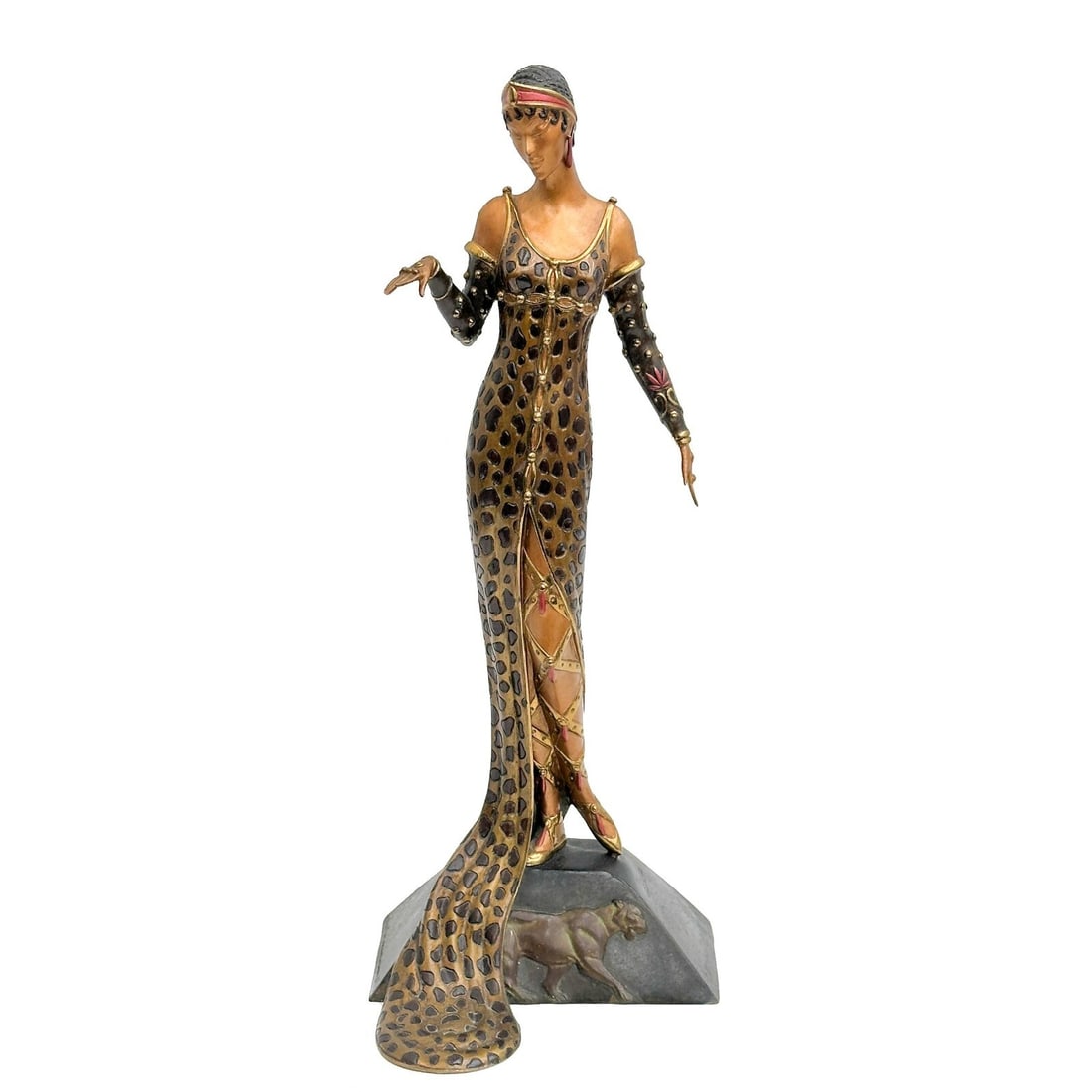 Erte Romain de Tirtoff Gilt Bronze Sculpture Julietta Ltd Ed/500 Signed: Erté (Romain De Tirtoff) (Russian/French 1892-1990) Patinated and Cold Painted Bronze Sculpture, Julietta. Depicts a woman in a leopard pattern dress. Signed Erte to the side edge of the base, side e