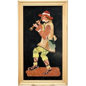 Vintage Italian Pietra Dura Stone Plaque Musician Playing Framed