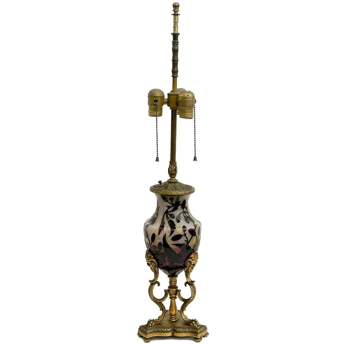 Daum Nancy France Acid Etched Cameo Art Glass Lamp Bronze Mounts c1900: Daum Nancy France Acid Etched Cameo Art Glass Lamp, circa 1900. Glass with a white, purple and yellow ground, dark purple polished cameo berry branches. Etched signature Daum Nancy France with fleur-d