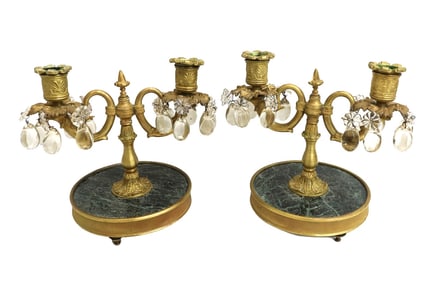 Pair French Gilt Bronze Crystal and Green Marble Miniature Candelabras 20th C